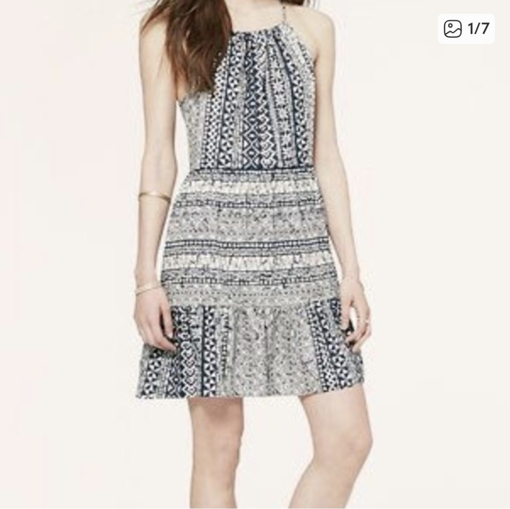 LOFT Blue and White Tribal Patterned Mini Dress